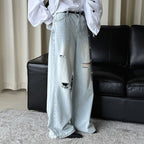 High waisted washed ripped straight leg jeans