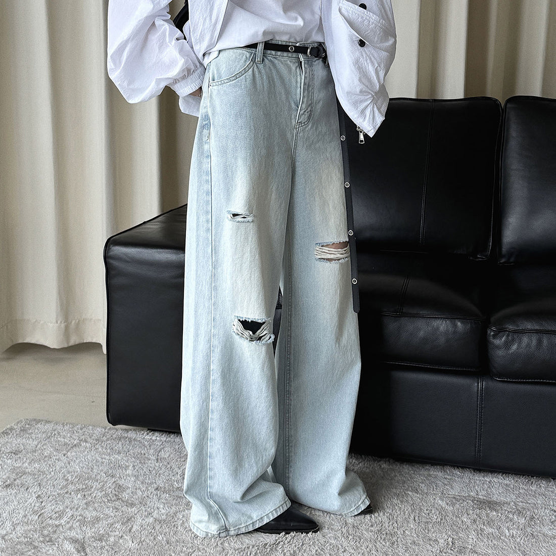 High waisted washed ripped straight leg jeans