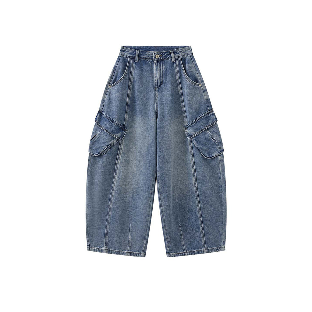 American style spliced large pocket loose wide leg jeans