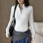 Slim fit stand collar zip long sleeve bodysuit