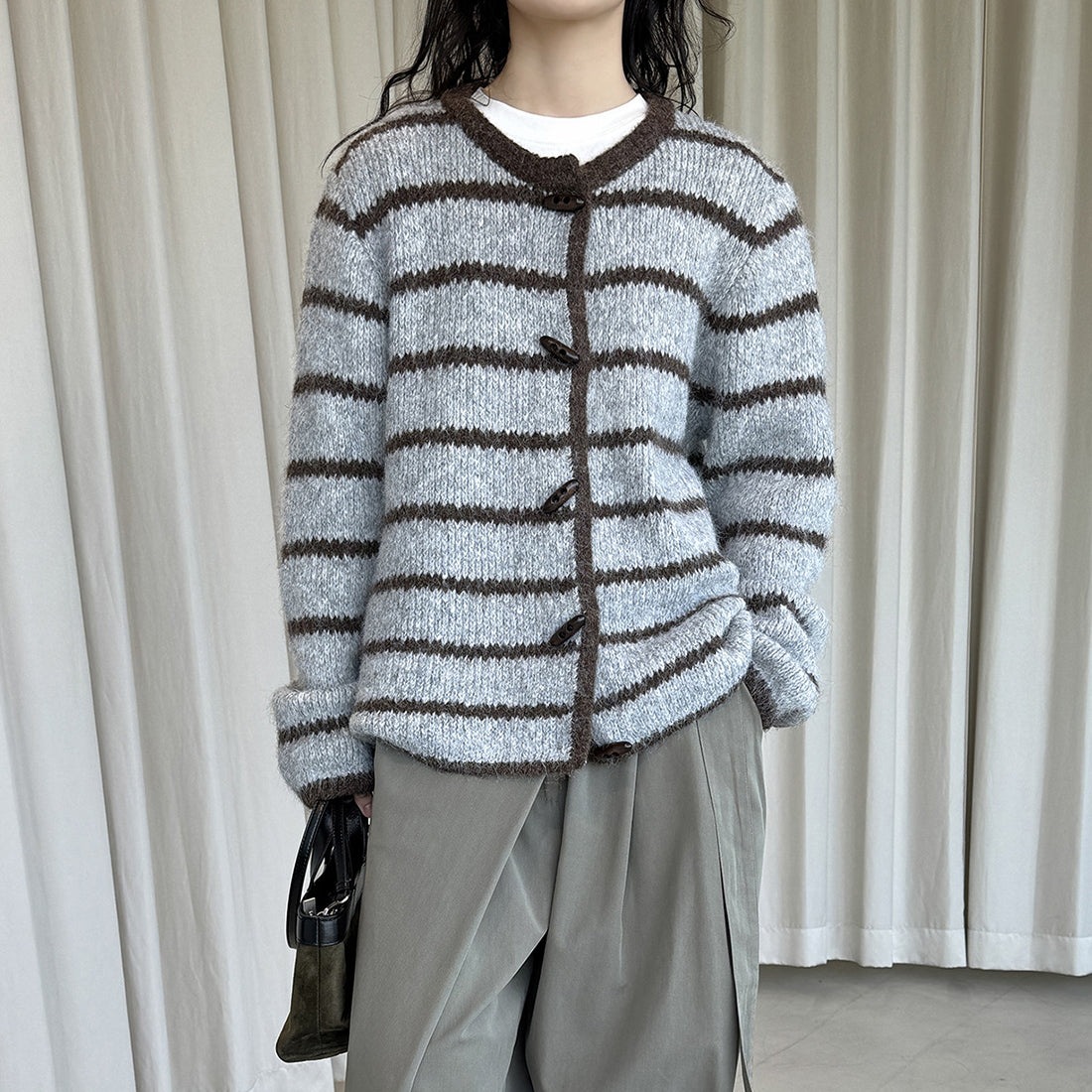 Retro striped horn button plush knitted cardigan top