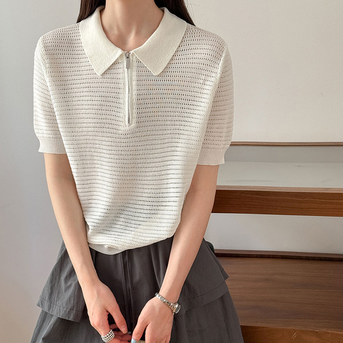 Women’s Half-Zip Hollow Knit Polo Top