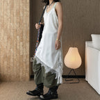 V-neck lace slimming base strap asymmetrical hem top
