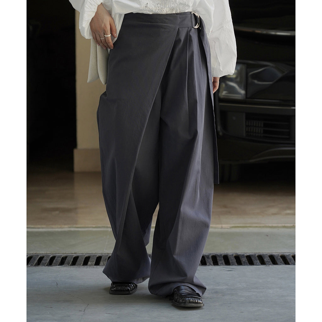 Retro slanted placket belt strap casual loose slimming pants