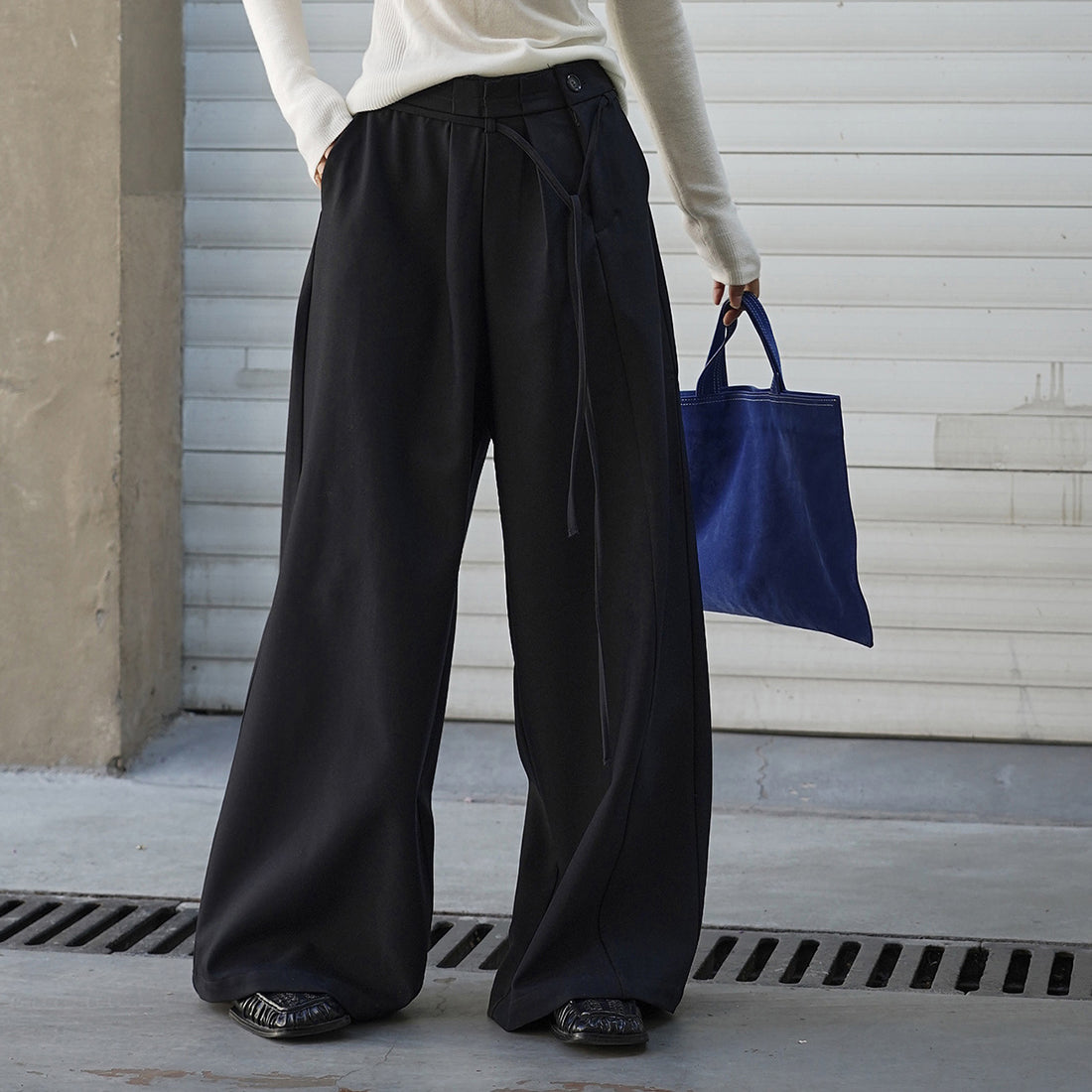 Retro pleated side placket wide leg pants