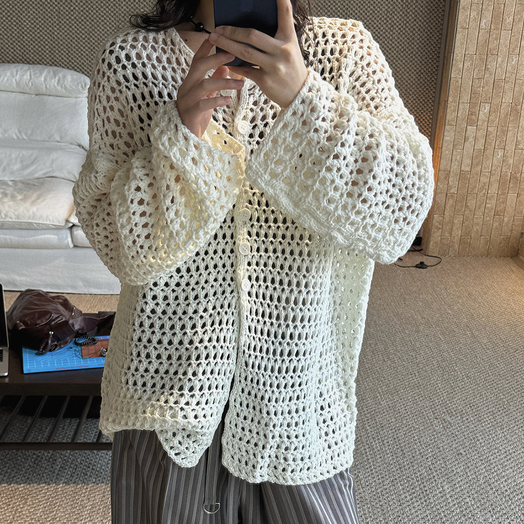 Large mesh hollow knitted cardigan loose top