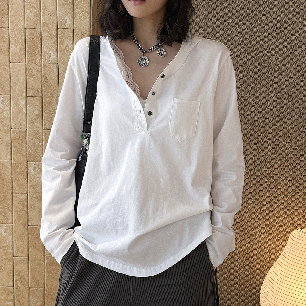 Loose fit v neck long sleeve button shirt top