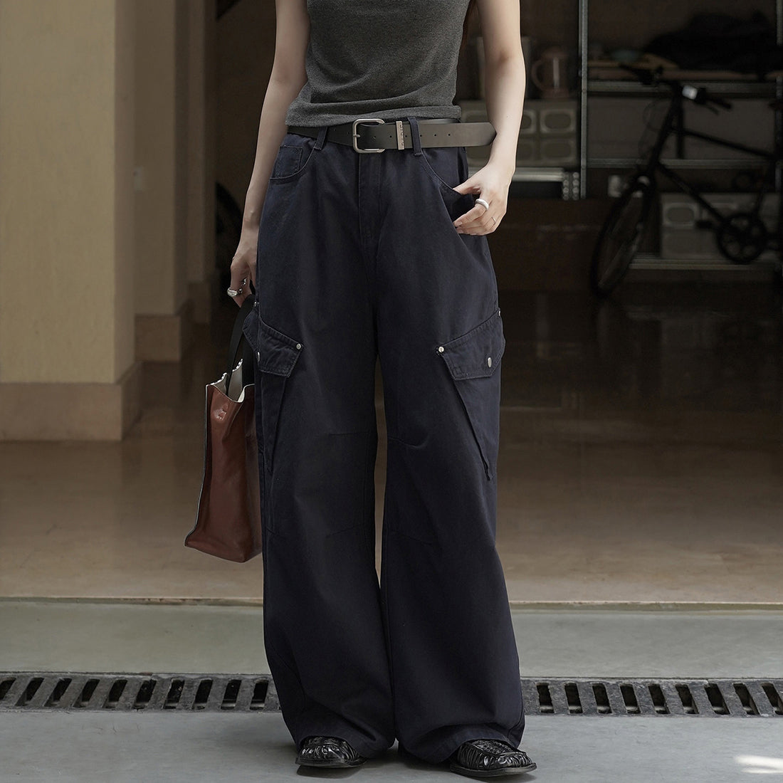 Retro large pocket casual cargo pants with belt