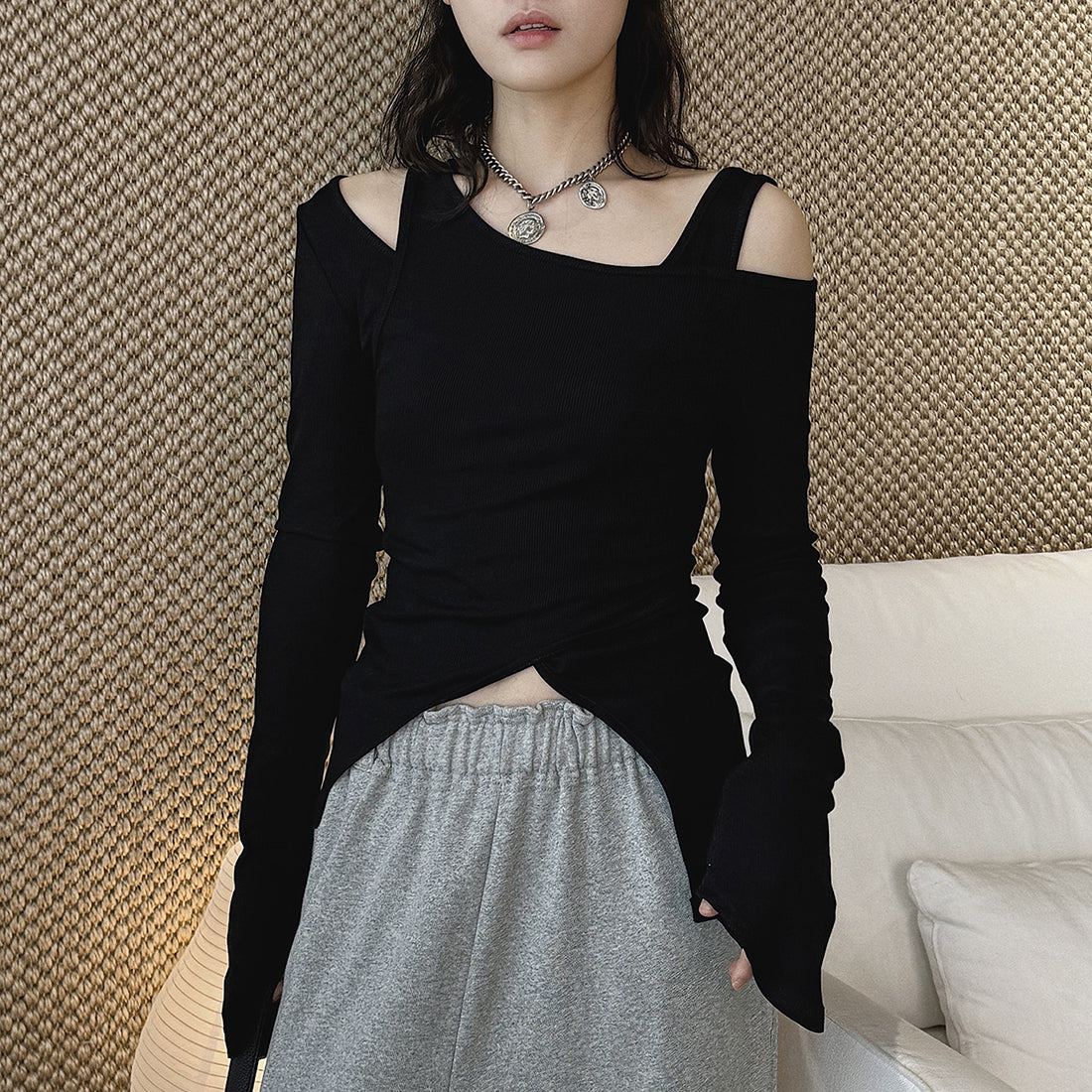 Women’s Asymmetric Cold Shoulder Long Sleeve Top