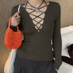 Cross tied V-neck knitted slim fit long sleeve top