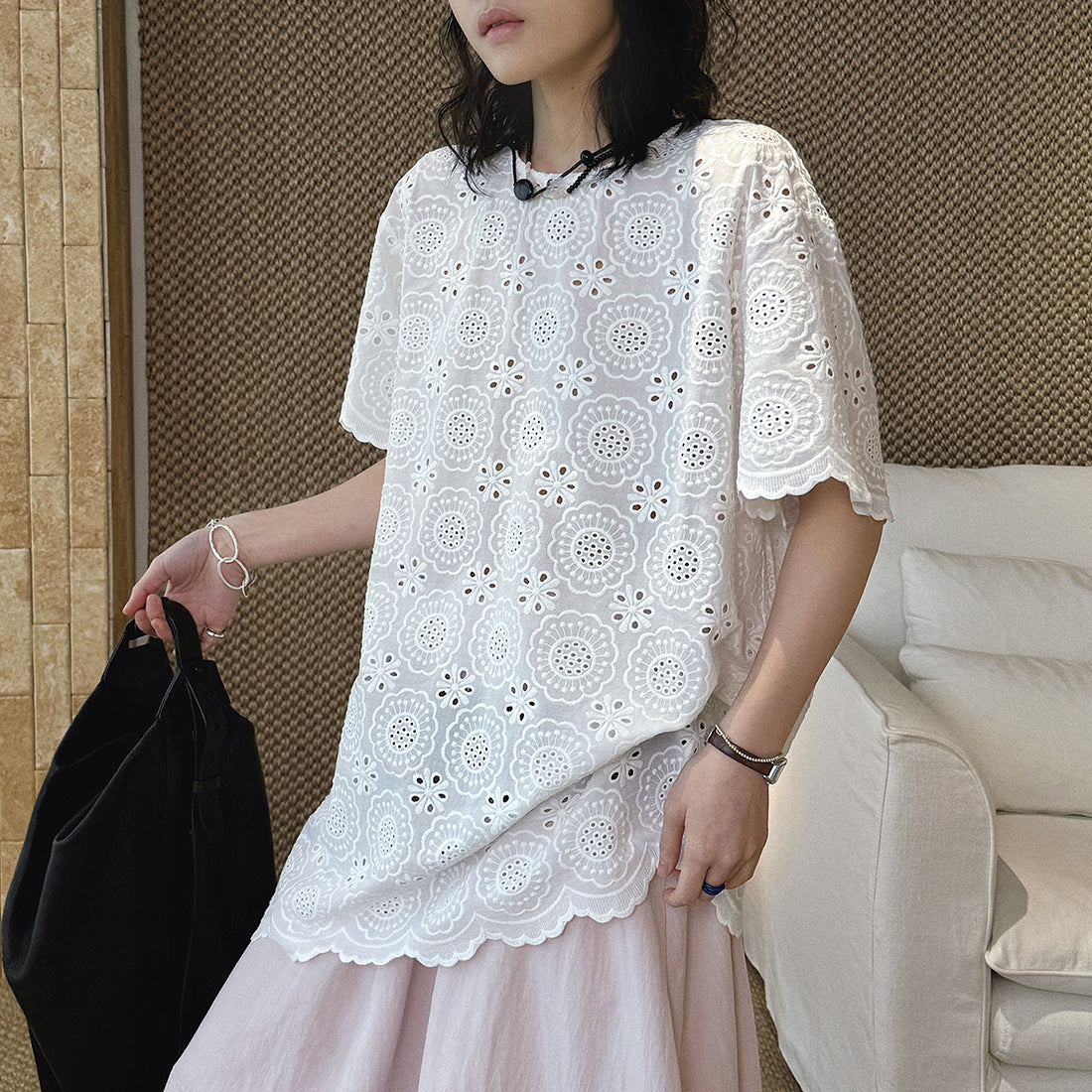 embroidered eyelet blouse loose fit cotton short sleeve lace top hollow out shirt