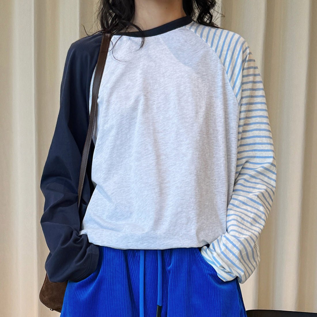 Color blocking striped patchwork round neck loose T-shirt top