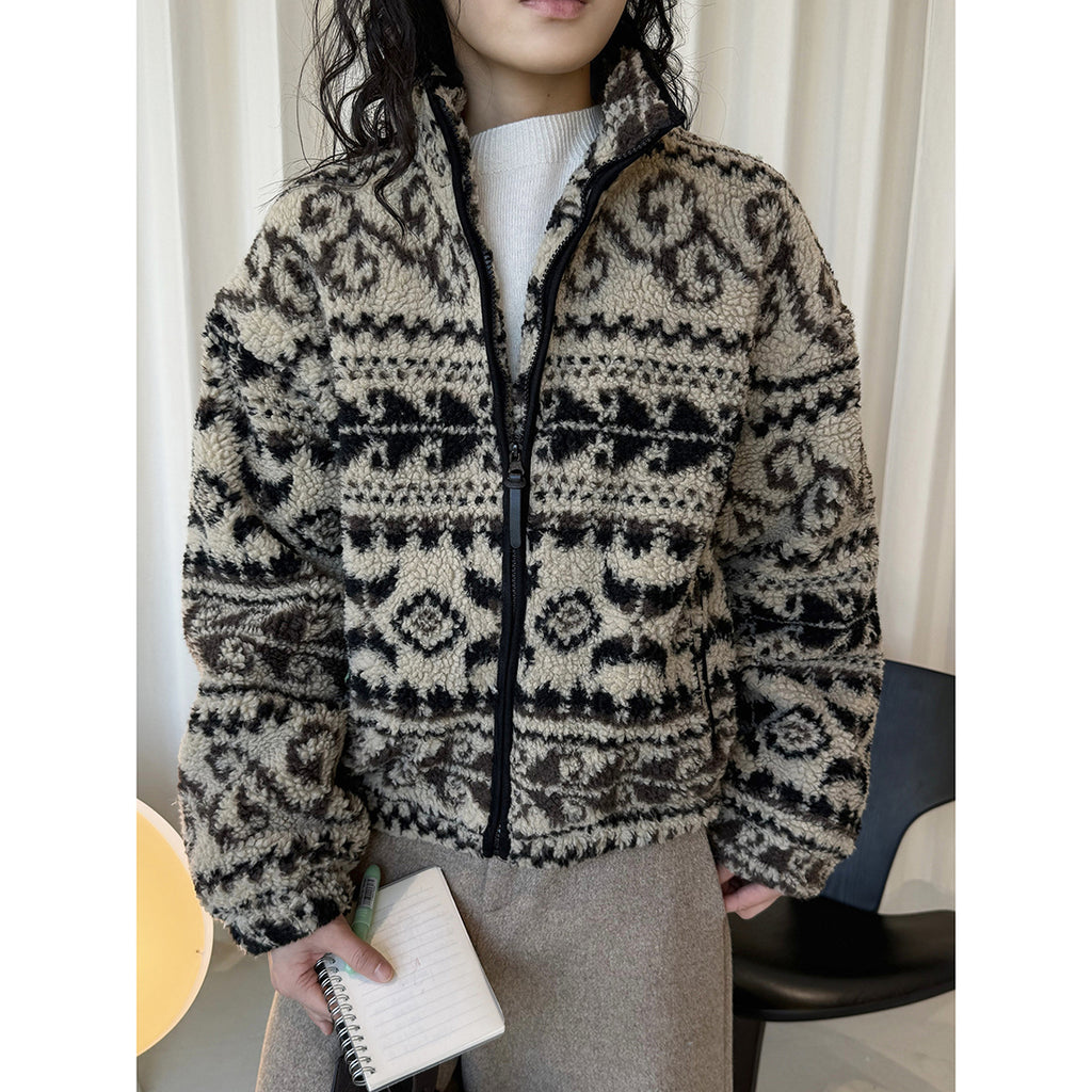 Retro Rolled Leaf Jacquard Lamb Fur Stand-Up Collar Thermal Fluffy Thick Coat