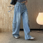 High waist vintage wash cargo wide leg jeans with utility pockets