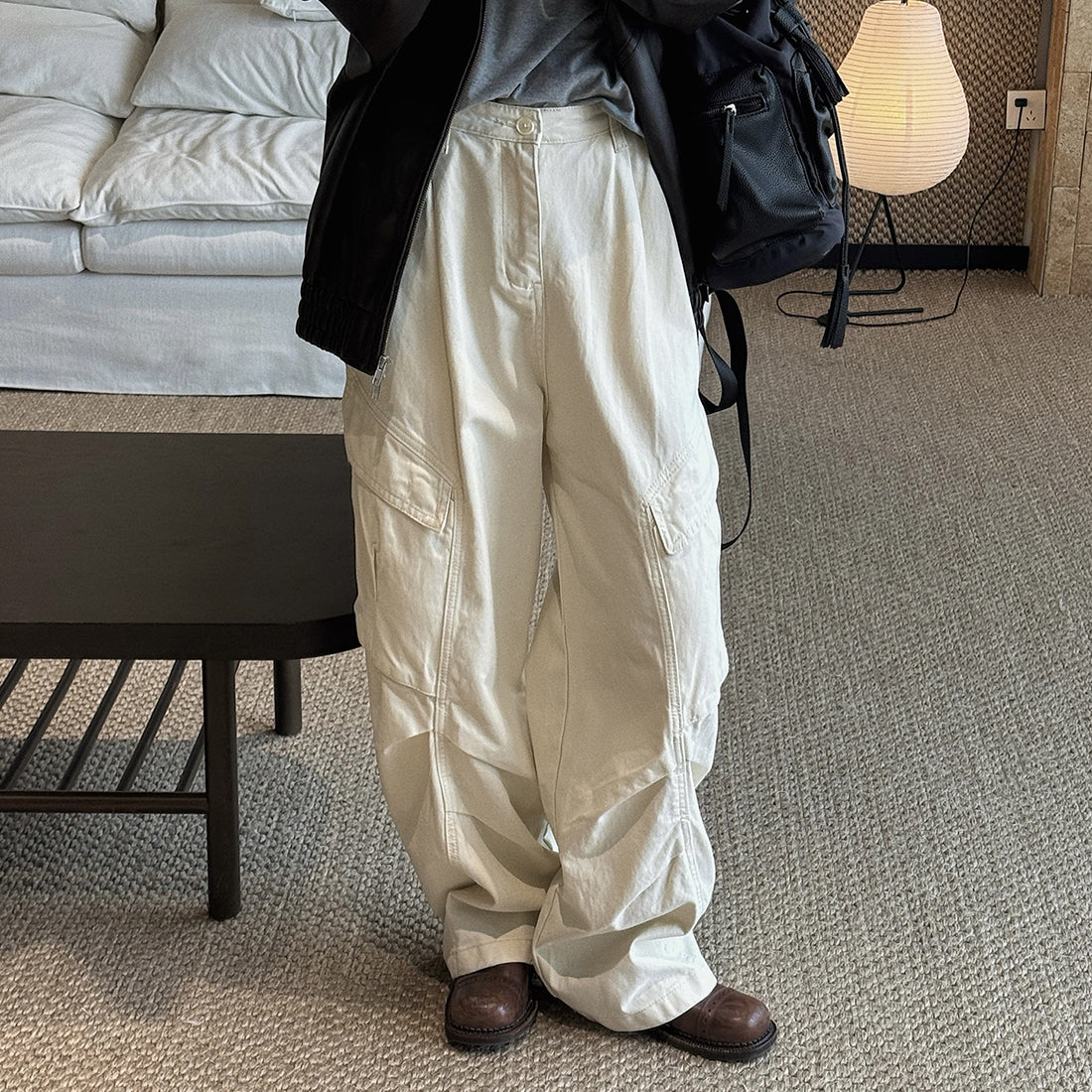 Pleated straight leg large pocket loose denim cargo pants