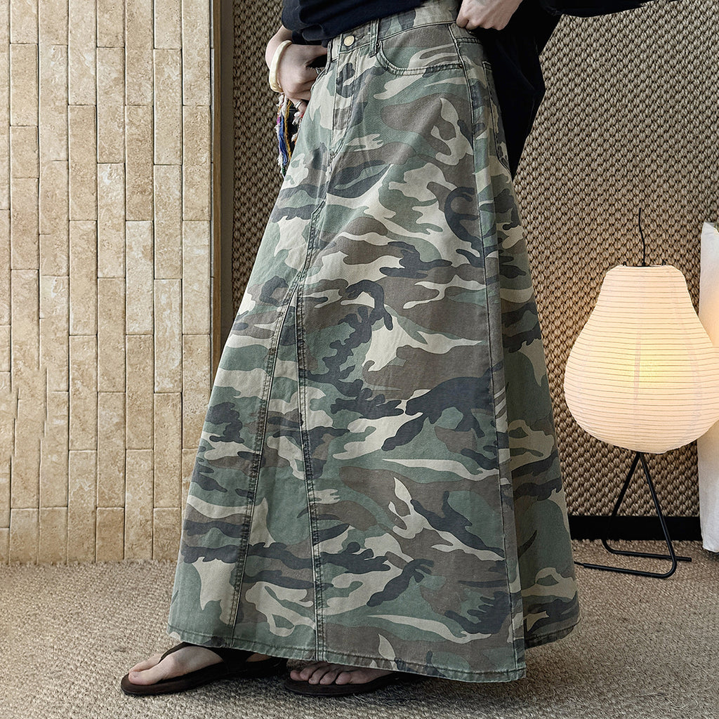 Camo long skirt women high waist vintage A-line maxi skirt