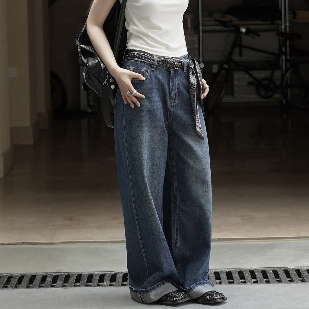 Retro loose wide leg jeans with scarf belt