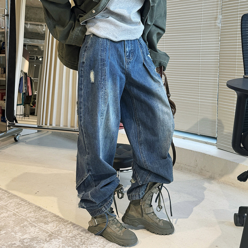 Retro pocket patchwork ripped loose jeans