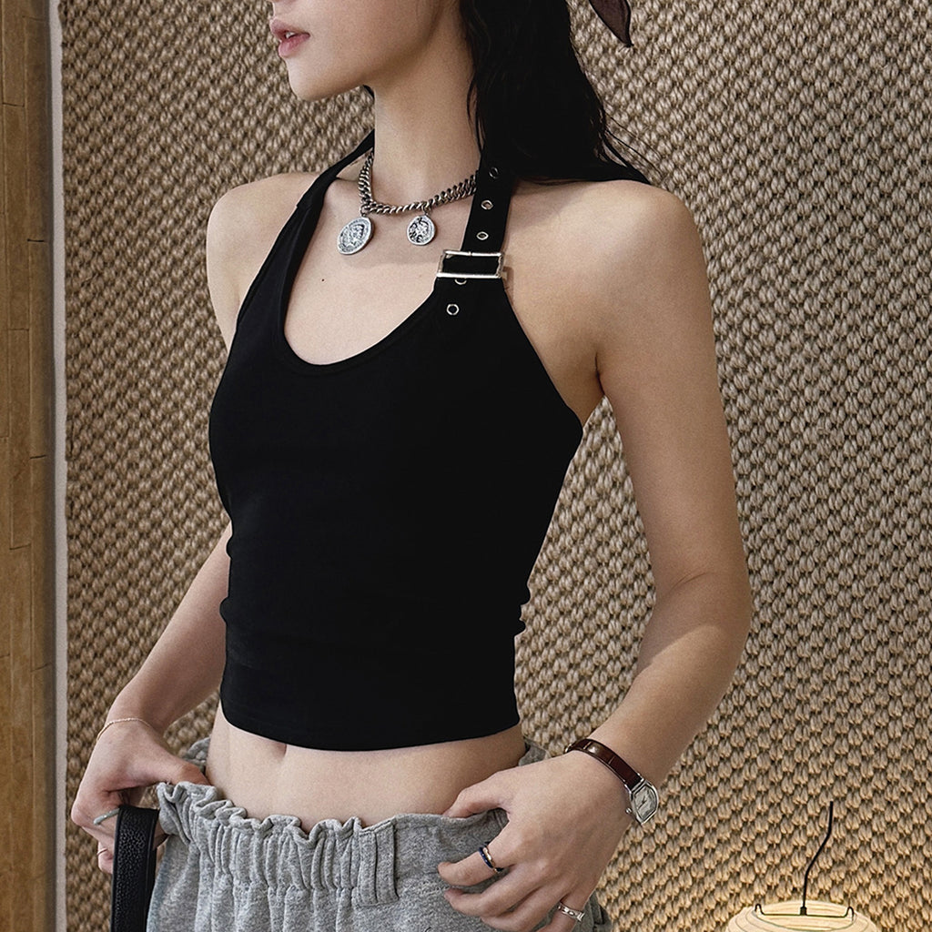 Halter Neck Fitted Tank Top with Buckle Strap Detail