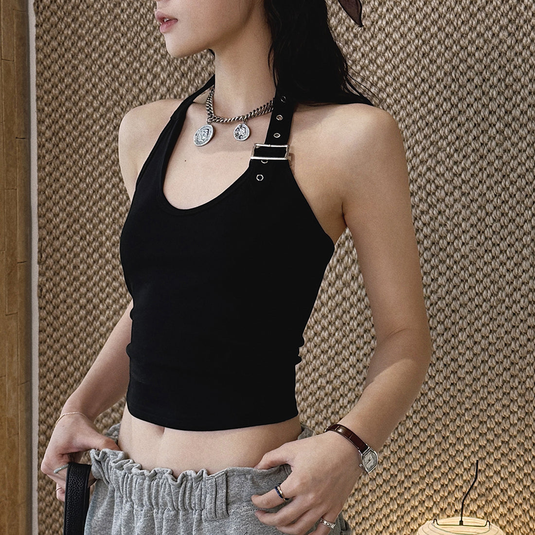 Halter Neck Fitted Tank Top with Buckle Strap Detail