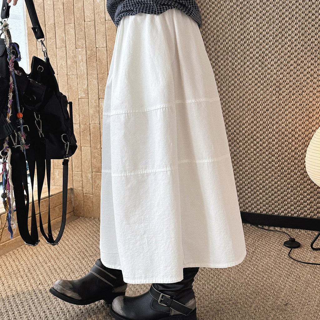 long skirt high waist elastic waist cotton a line midi skirt loose casual solid color skirt