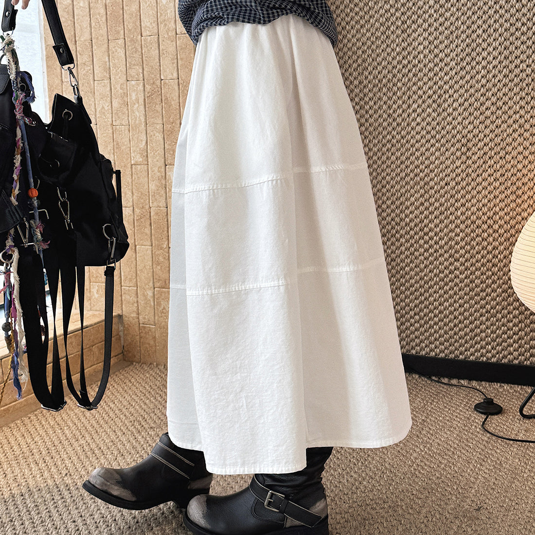 long skirt high waist elastic waist cotton a line midi skirt loose casual solid color skirt