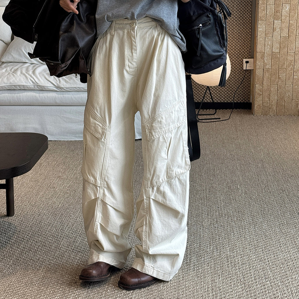 Pleated straight leg large pocket loose denim cargo pants