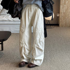 Pleated straight leg large pocket loose denim cargo pants