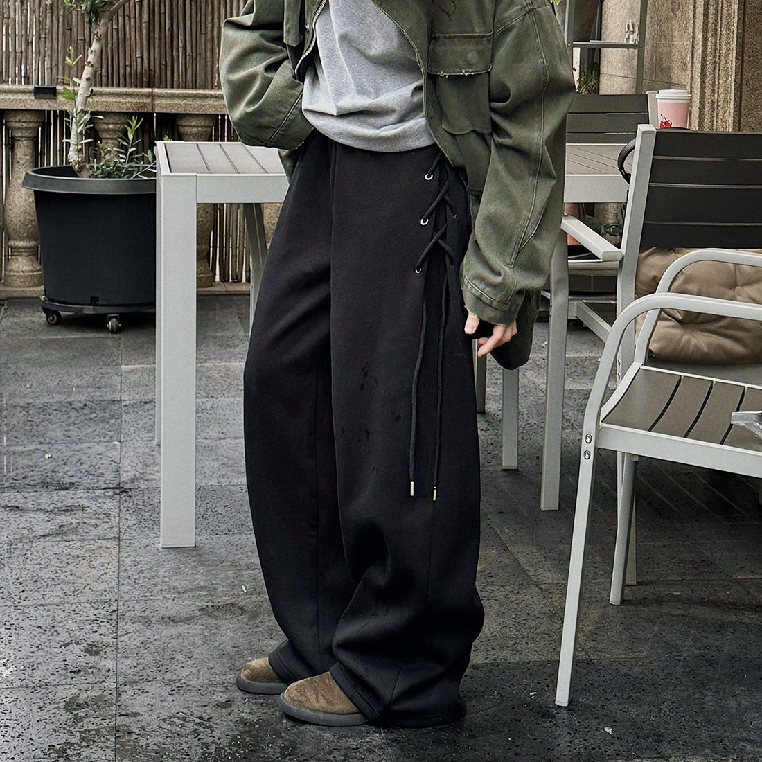 Elastic high waisted side straps and loose wide leg pants