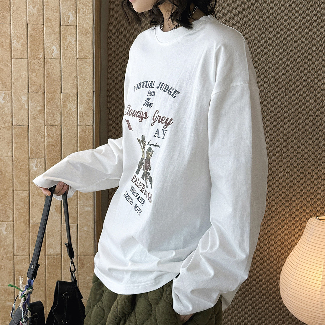 Retro teddy bear letter printed loose long sleeved T-shirt