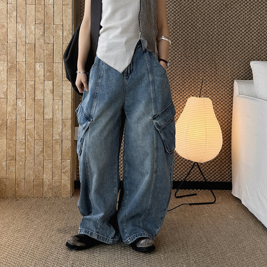 American style spliced large pocket loose wide leg jeans