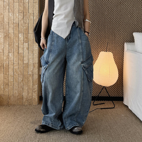 American style spliced large pocket loose wide leg jeans