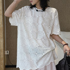 embroidered eyelet blouse loose fit cotton short sleeve lace top hollow out shirt
