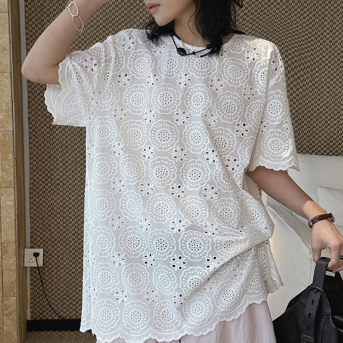 embroidered eyelet blouse loose fit cotton short sleeve lace top hollow out shirt