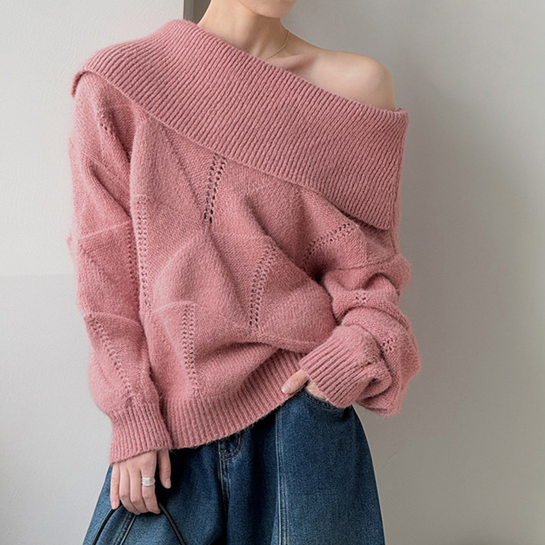 off shoulder lapel knitted loose top sweater