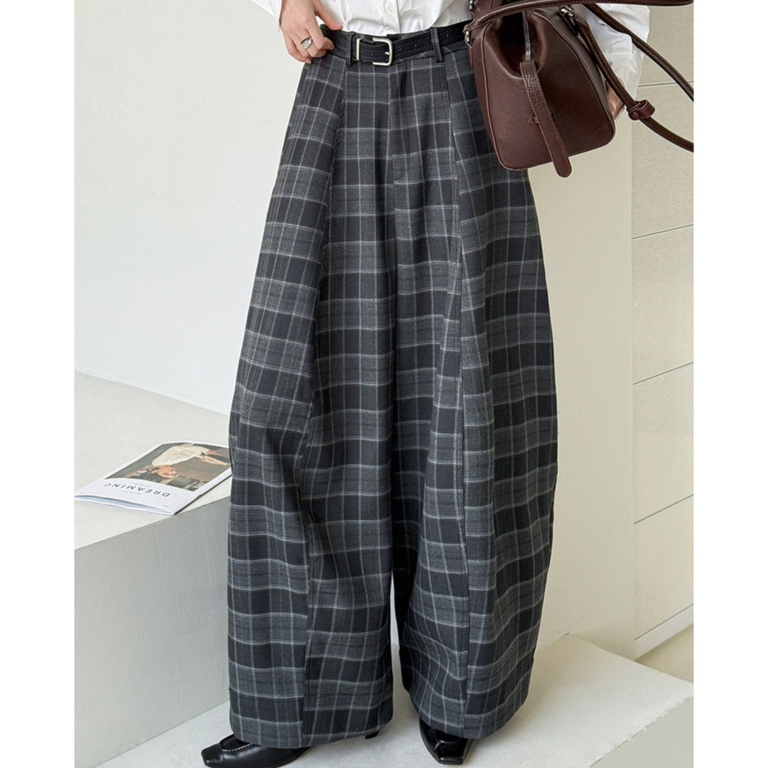 High waisted casual loose plaid wide leg pants