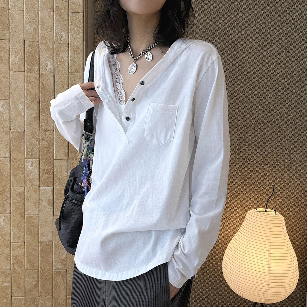 Loose fit v neck long sleeve button shirt top