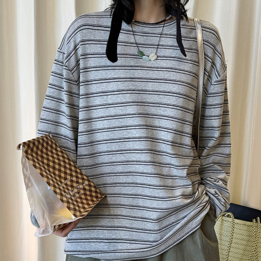 Retro minimalist round neck striped contrasting T-shirt top