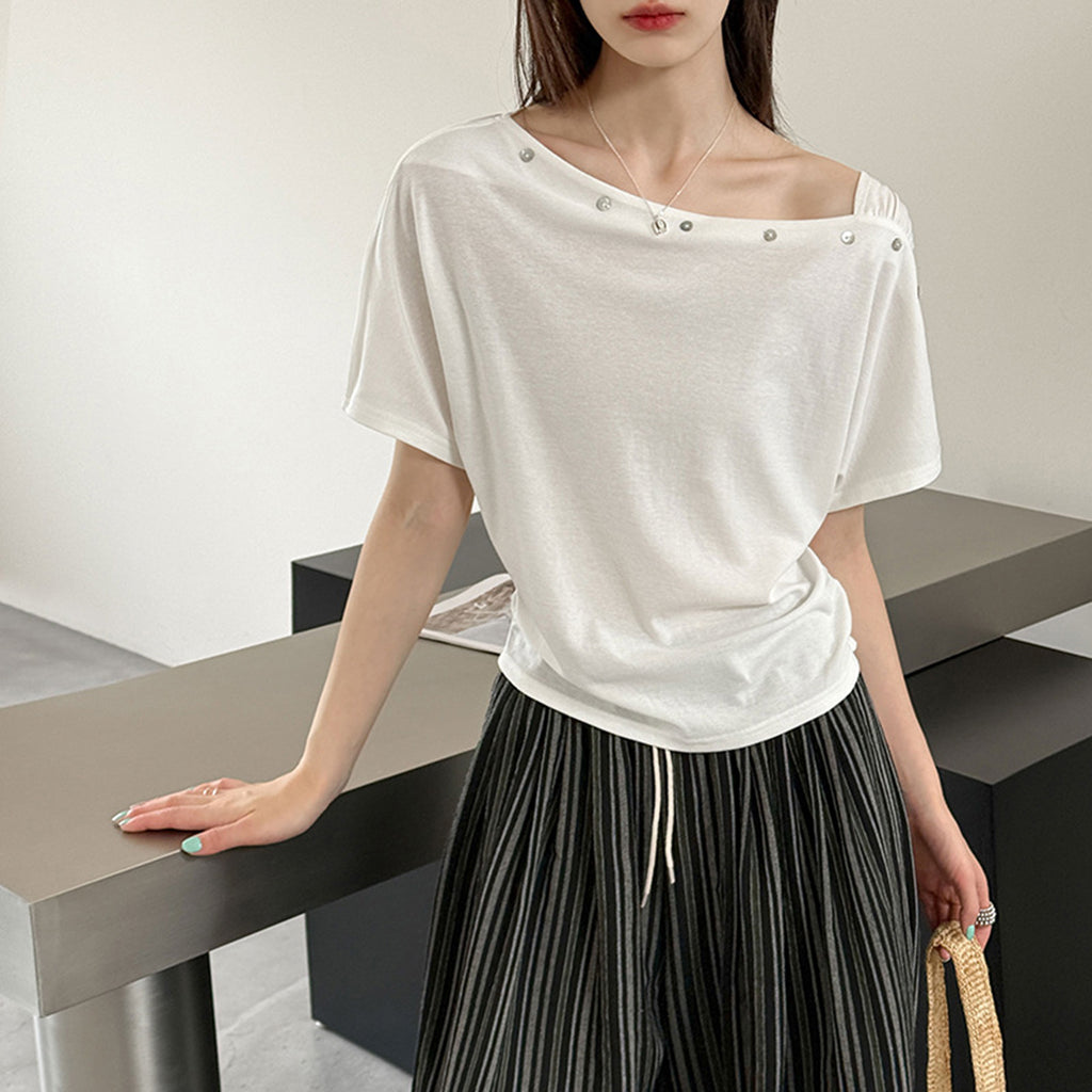 Women’s Asymmetrical Button-Shoulder Short-Sleeve T-Shirt