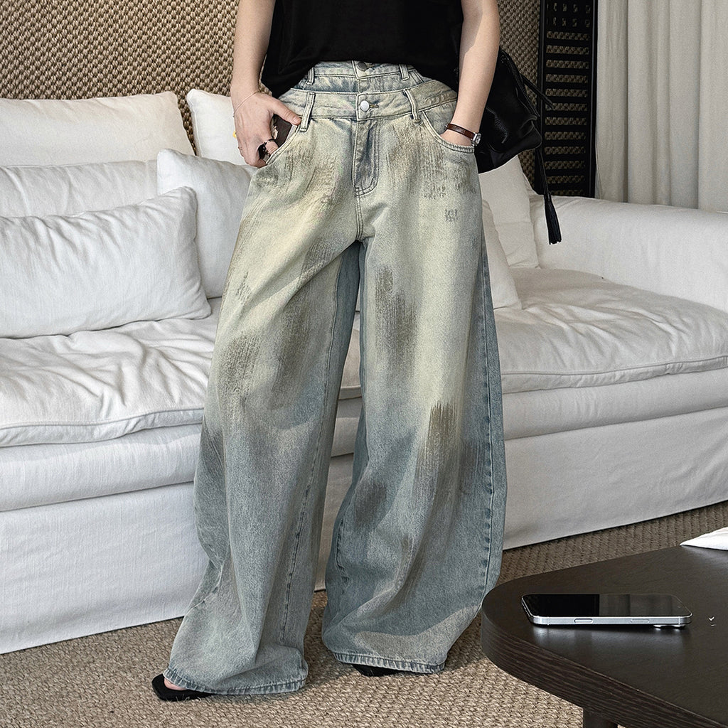 Women’s Double Waist Washed Wide Leg Denim Pants