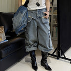 Retro ripped multi pocket loose silhouette jeans