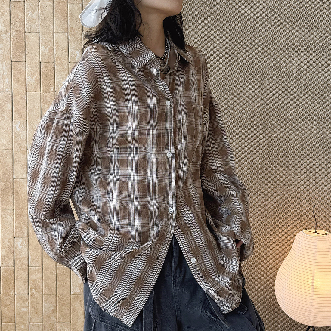 Vintage plaid cotton shirt loose long sleeve casual button down blouse