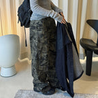 Pleated camouflage large pocket denim cargo pants