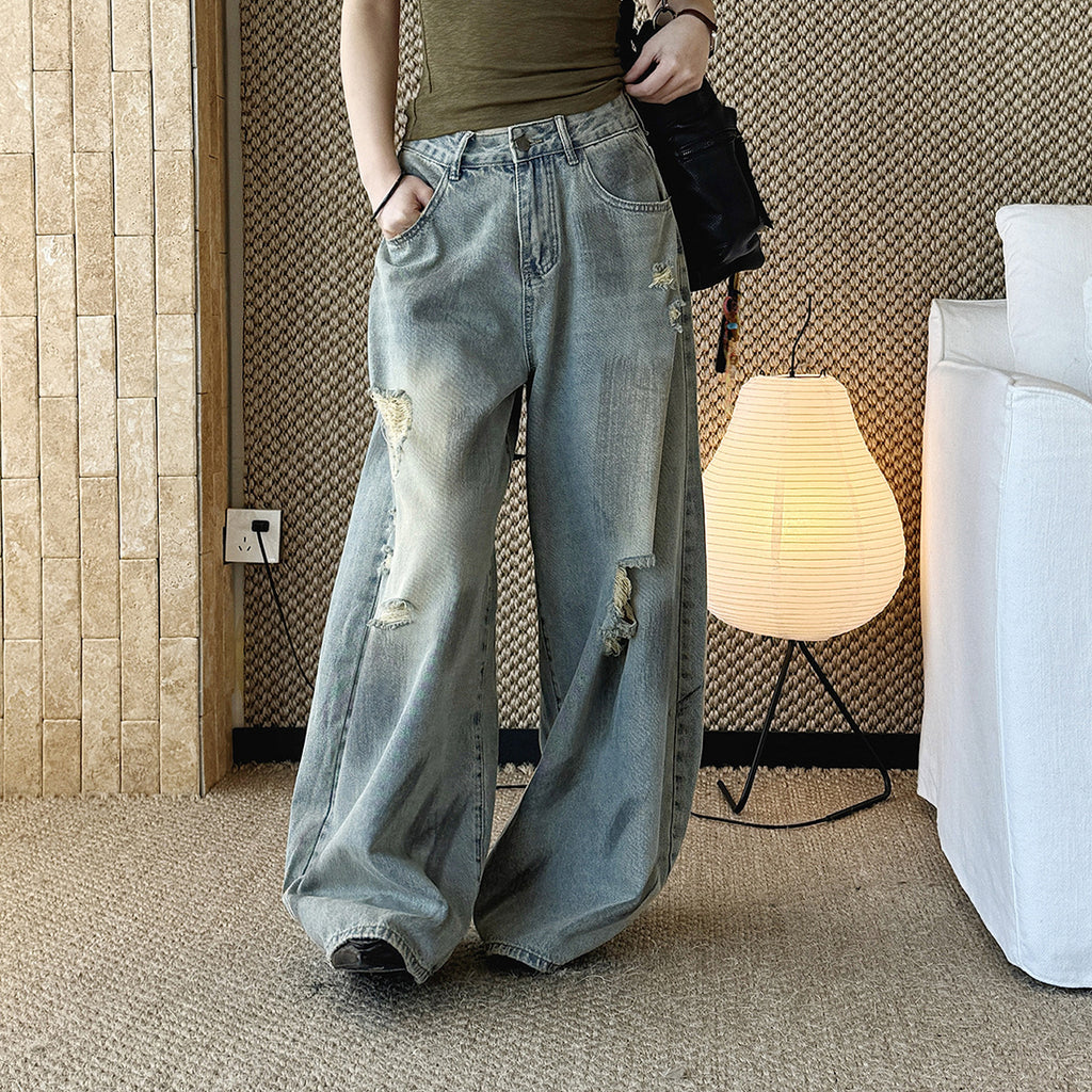 Women’s Vintage Washed Distressed Wide Leg Denim Jeans