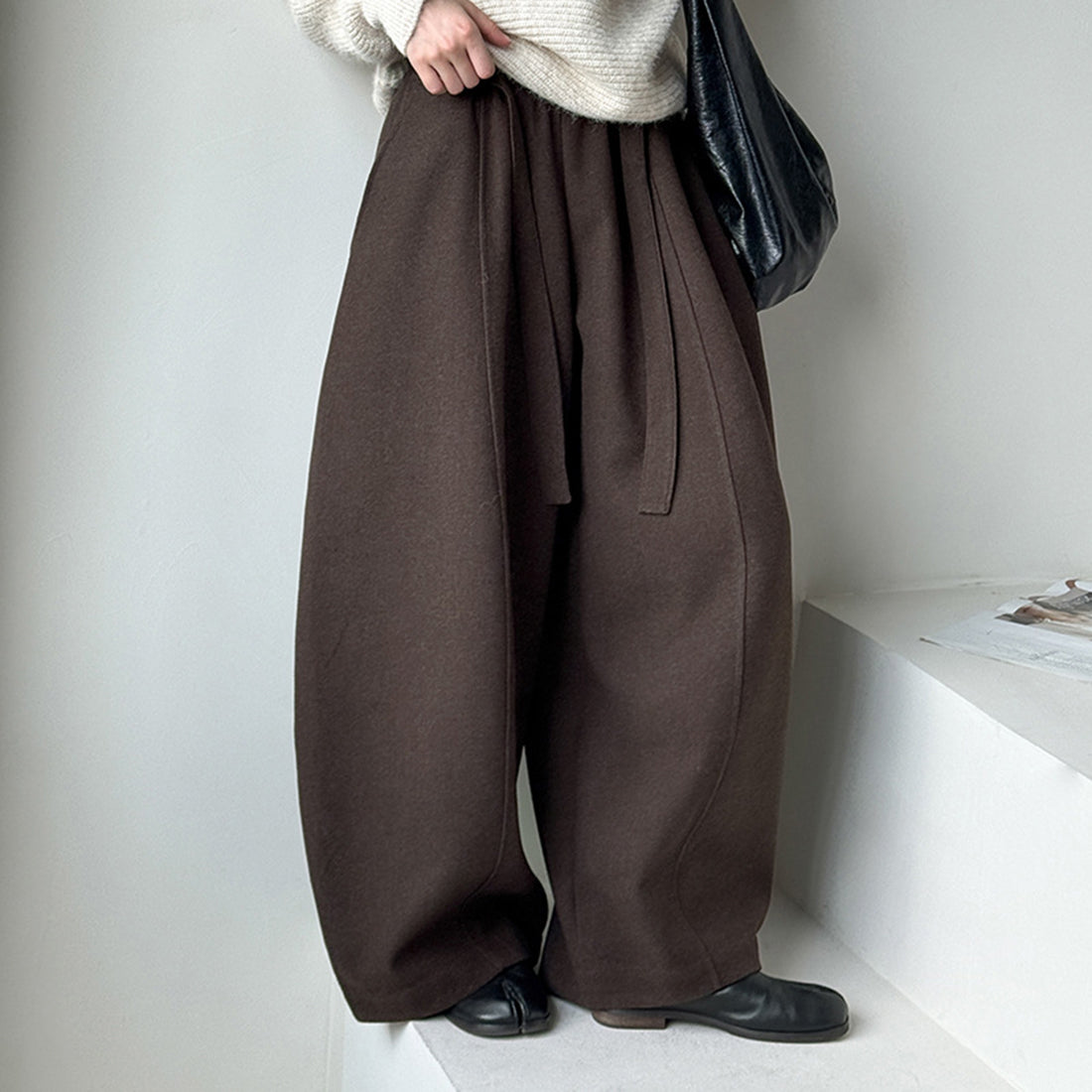 Retro high waist slimming wide leg casual curved knife pants