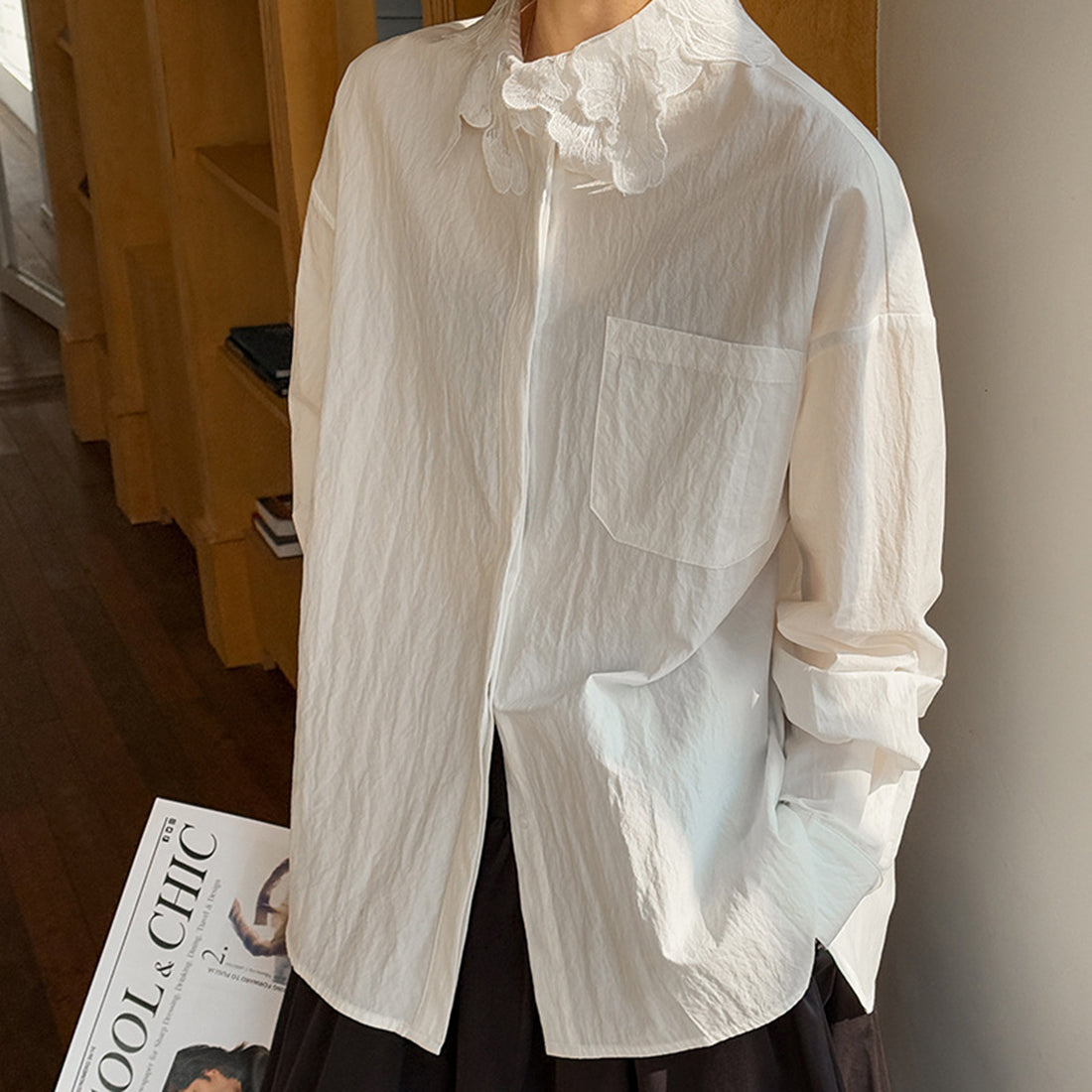 French lace lapel long sleeved button up shirt