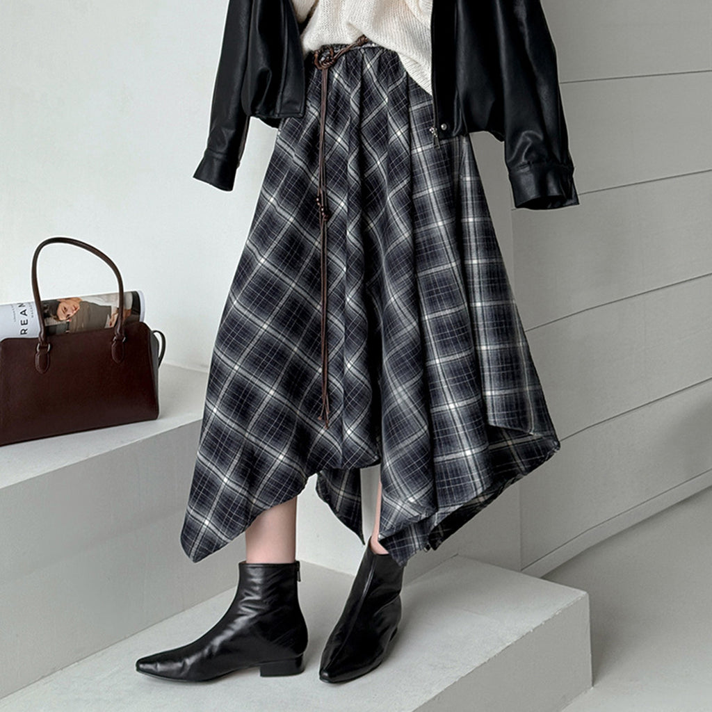 Irregular plaid high waist slimming half body A-line skirt