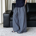 Color blocking plaid splicing casual elastic drawstring pants