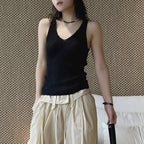 V-Neck Ribbed Knit Tank Top with Button Detail