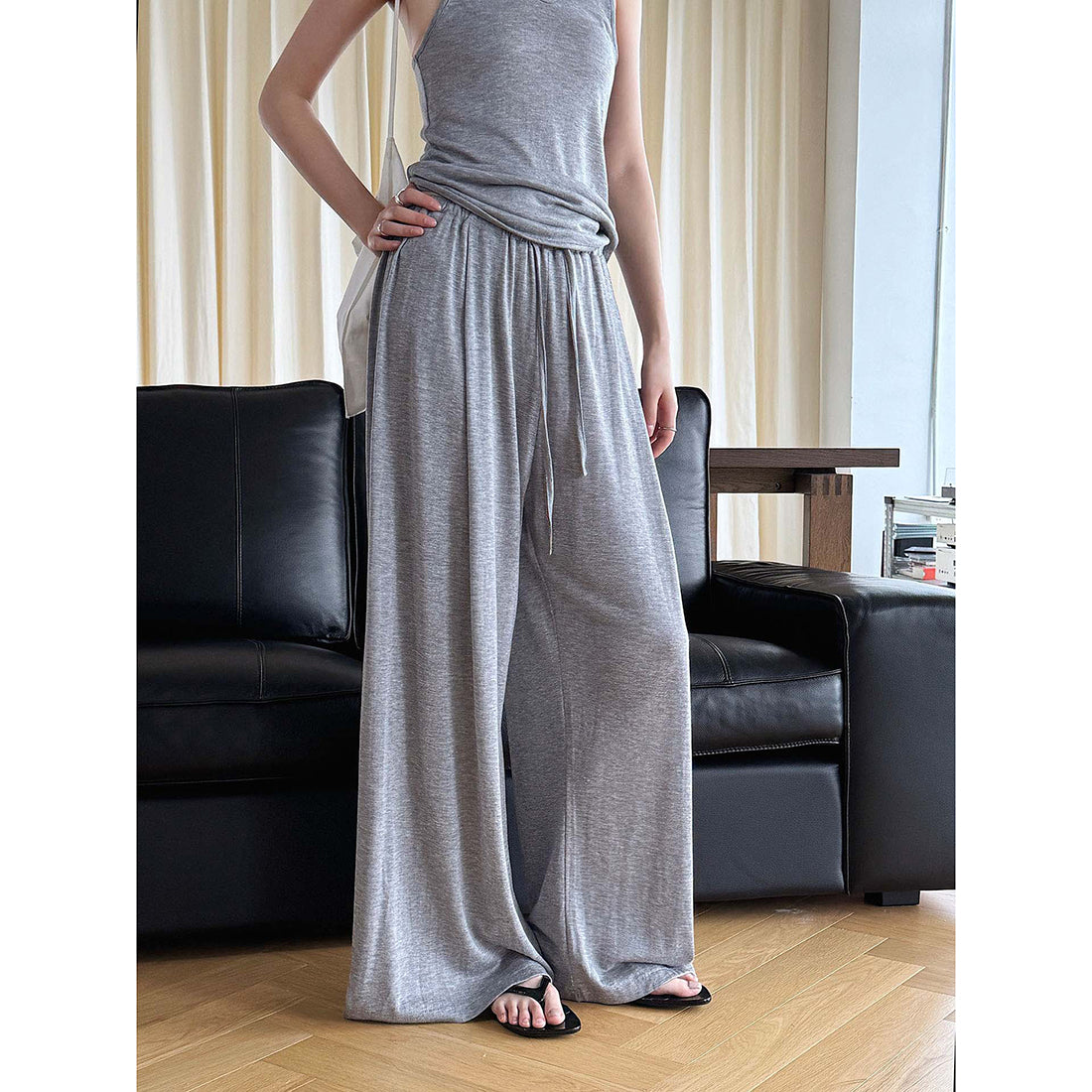 Elastic drawstring loose wide leg pants